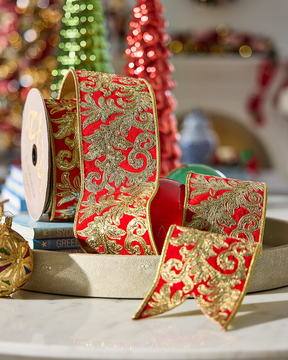 Velvet Sequined Acanthus-Trim Ribbon, 3.75" x 10 Yards